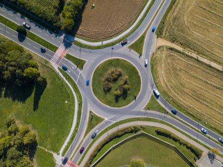 Aerial view of a roundabout and vehicle circulationの写真素材