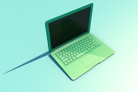 Open laptop with screen and keyboard, long shadow. Green. 3d renderingの写真素材
