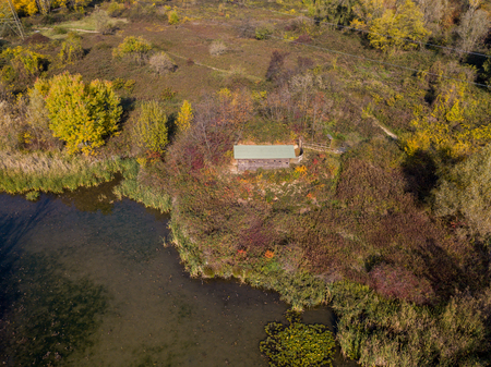 Nature and landscape: aerial view of a forest and a naturalistic path, autumn leaves, greenery and trees, outdoor walks, wildlife. Foliageの写真素材