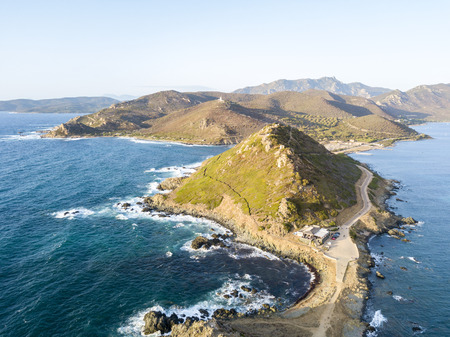 Aerial view of the panoramic path that leads to the promontory view to admire the bloody islands. Hiking trail. Corsica, Franceの写真素材
