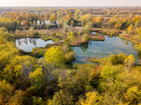 Nature and landscape: aerial view of a forest and lakes, autumn leaves, foliage, greenery and trees in a wilderness landscapeの写真素材