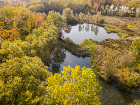 Nature and landscape: aerial view of a forest and lakes, autumn leaves, foliage, greenery and trees in a wilderness landscapeの写真素材