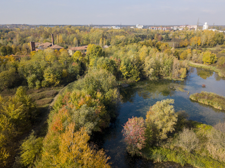 Nature and landscape: aerial view of a forest and lakes, autumn leaves, foliage, greenery and trees in a wilderness landscapeの写真素材