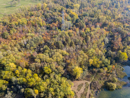 Nature and landscape: aerial view of a forest and lakes, autumn leaves, foliage, greenery and trees in a wilderness landscapeの写真素材
