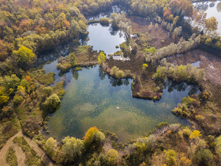 Nature and landscape: aerial view of a forest and lakes, autumn leaves, foliage, greenery and trees in a wilderness landscapeの写真素材