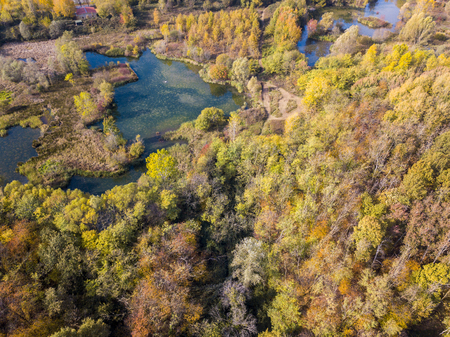 Nature and landscape: aerial view of a forest and lakes, autumn leaves, foliage, greenery and trees in a wilderness landscapeの写真素材