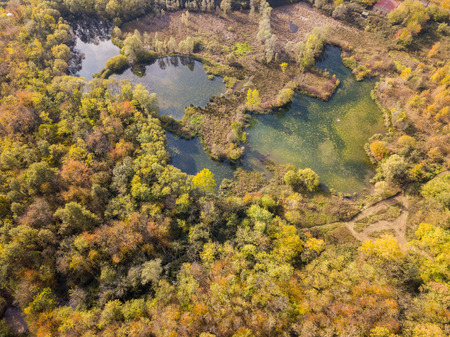 Nature and landscape: aerial view of a forest and lakes, autumn leaves, foliage, greenery and trees in a wilderness landscapeの写真素材
