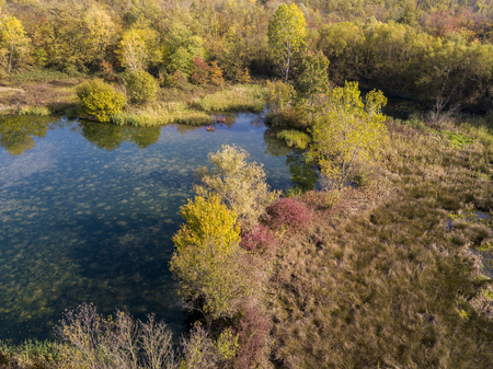 Nature and landscape: aerial view of a forest and lakes, autumn leaves, foliage, greenery and trees in a wilderness landscapeの写真素材