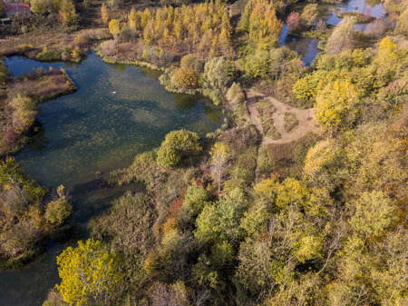 Nature and landscape: aerial view of a forest and lakes, autumn leaves, foliage, greenery and trees in a wilderness landscapeの写真素材