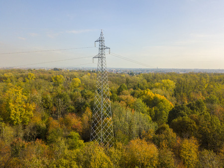 Aerial view of an electric trellis immersed in greenery, electricity, electric wires,の写真素材