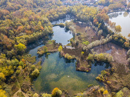 Nature and landscape: aerial view of a forest and lakes, autumn leaves, foliage, greenery and trees in a wilderness landscapeの写真素材