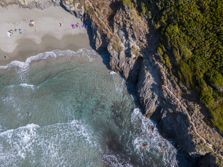 Aerial view of the coast of Corsica, winding roads and coves with crystalline sea. Cap Corse Peninsula, Corsica. Coastline. Anse d'Aliso. Gulf of Aliso. franceの写真素材