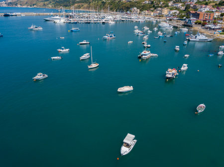 Aerial view of sailboats and moored boats. Boats moored in the port of Vibo Marina, quay, pier. Luxury yachts and sailing boats. 07/06/2017. Calabria. italyのeditorial素材
