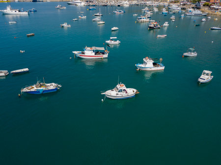 Aerial view of sailboats and moored boats. Boats moored in the port of Vibo Marina, quay, pier. Luxury yachts and sailing boats. 07/06/2017. Calabria. italyのeditorial素材