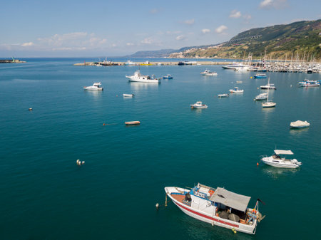 Aerial view of sailboats and moored boats. Boats moored in the port of Vibo Marina, quay, pier. Luxury yachts and sailing boats. 07/06/2017. Calabria. italyのeditorial素材