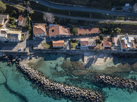 Aerial view of the pier and the sea. Houses and streets of Pizzo Calabro. Calabrian coast of Southern Italy. Calabria, Italyの写真素材