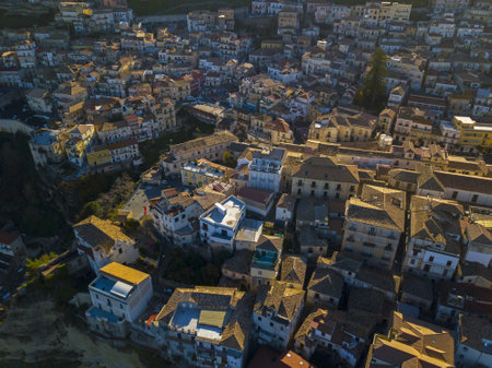 Aerial view of Pizzo Calabro, pier, castle, Calabria, tourism Italy. Pizzo Calabro by the sea. Houses on the rock. On the cliff stands the Aragonese castleのeditorial素材