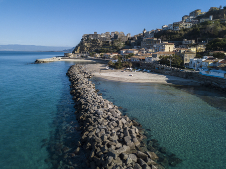 Aerial view of Pizzo Calabro, pier, castle, Calabria, tourism Italy. Pizzo Calabro by the sea. Houses on the rock. On the cliff stands the Aragonese castleの写真素材