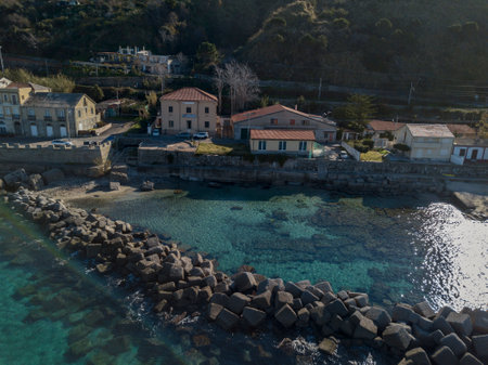 House with rocks on the sea. Pier of Pizzo Calabro, panoramic view from above. Calabrian coast of Southern Italy. Calabria, Italyのeditorial素材