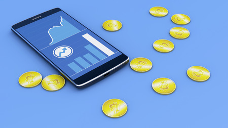 Mobile phone and Bitcoin, cryptocurrency, electronic money, virtual currency, transitions. 3d renderingの写真素材