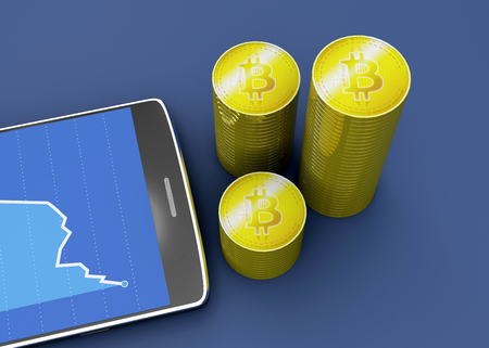 Mobile phone and Bitcoin, cryptocurrency, electronic money, virtual currency, transitions. 3d renderingの写真素材