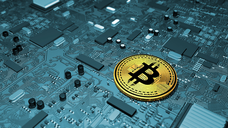 Bitcoin, crypto currency, electronic money, virtual currency, transitions. Printed circuit board, graphics card, 3d renderingの写真素材