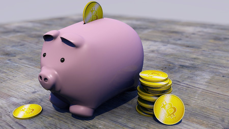 Bitcoin, cryptocurrency, e-money, virtual currency, transitions. Piggy bank, piglet, savingsの写真素材