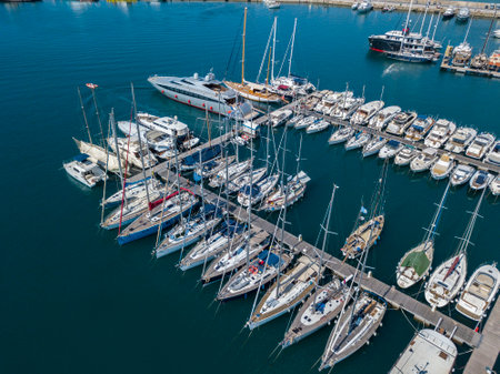 Aerial view of sailboats and moored boats. Boats moored in the port of Vibo Marina, quay, pier. 07/06/2017. Calabria. italyのeditorial素材