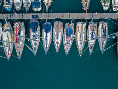 Aerial view of sailboats and moored boats. Boats moored in the port of Vibo Marina, quay, pier. 07/06/2017. Calabria. italyのeditorial素材