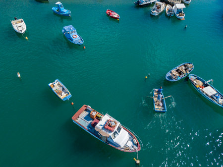 Aerial view of a boat moored in a harbor. 07/06/2017. Vibo Marina. Calabria, Italyのeditorial素材