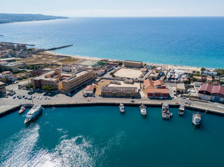 Aerial view of sailboats and moored boats. Boats moored in the port of Vibo Marina, quay, pier. 07/06/2017. Calabria. italyのeditorial素材