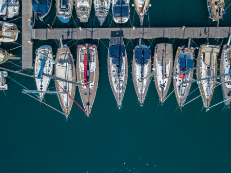 Aerial view of sailboats and moored boats. Boats moored in the port of Vibo Marina, quay, pier. 07/06/2017. Calabria. italyのeditorial素材