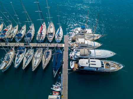 Aerial view of sailboats and moored boats. Boats moored in the port of Vibo Marina, quay, pier. Calabria. italyのeditorial素材