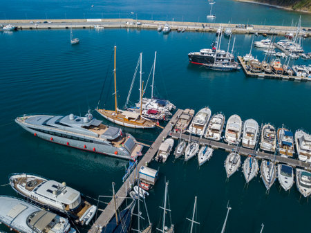 Aerial view of sailboats and moored boats. Boats moored in the port of Vibo Marina, quay, pier. Calabria. italyのeditorial素材