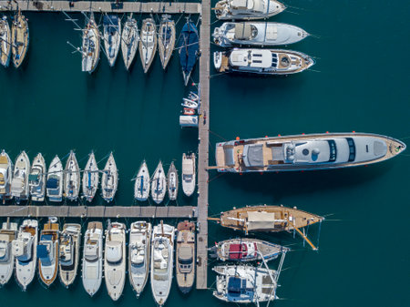 Aerial view of sailboats and moored boats. Boats moored in the port of Vibo Marina, quay, pier. Calabria. italyのeditorial素材