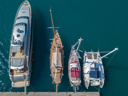 Aerial view of sailboats and moored boats. Boats moored in the port of Vibo Marina, quay, pier. Calabria. italyのeditorial素材
