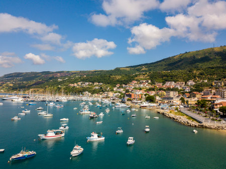 Aerial view of sailboats and moored boats. Boats moored in the port of Vibo Marina, quay, pier. Calabria. italyのeditorial素材