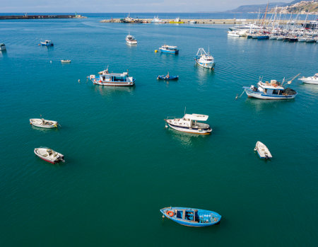 Aerial view of sailboats and moored boats. Boats moored in the port of Vibo Marina, quay, pier. Calabria. italyのeditorial素材