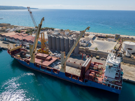Cargo ship moored at the port of Vibo Marina, Calabria, Italy. 07/06/2017. BBC Charteringのeditorial素材