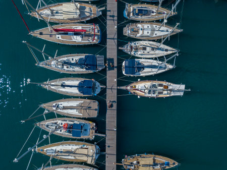Aerial view of sailboats and moored boats. Boats moored in the port of Vibo Marina, quay, pier. Calabria. italyのeditorial素材