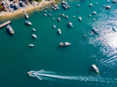 Aerial view of sailboats and moored boats. Boats moored in the port of Vibo Marina, quay, pier. Calabria. italyのeditorial素材