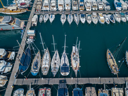 Aerial view of sailboats and moored boats. Boats moored in the port of Vibo Marina, quay, pier. Calabria. italyのeditorial素材