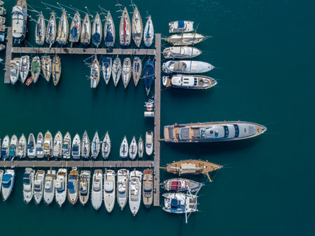 Aerial view of sailboats and moored boats. Boats moored in the port of Vibo Marina, quay, pier. Calabria. italyのeditorial素材