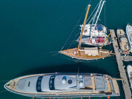 Aerial view of sailboats and moored boats. Boats moored in the port of Vibo Marina, quay, pier. Calabria. italyのeditorial素材
