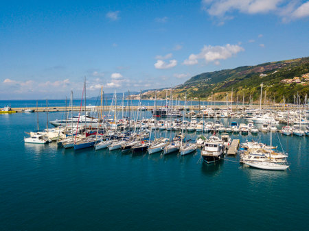 Aerial view of sailboats and moored boats. Boats moored in the port of Vibo Marina, quay, pier. Calabria. italyのeditorial素材