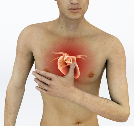 Heart attack, chest pain. Arrhythmia, heart problems. Man with a hand on his chestの写真素材