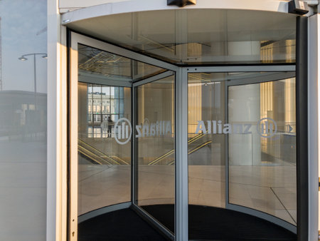 Stained glass window and entrance into the Allianz Tower. Il Dritto, The straight One. Milan, Italy. January 23, 2018. Allianz Italia new headquarters in Citylife. Isozaki tower. Architect Arata Isozakiのeditorial素材