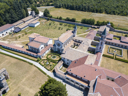 Aerial view of the Certosa of Serra San Bruno, Certosino monastery, Vibo Valentia, Calabria, Italyの写真素材