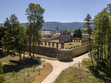 Aerial view of the Certosa of Serra San Bruno, Certosino monastery, Vibo Valentia, Calabria, Italyの写真素材