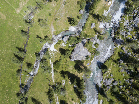 Mello Valley aerial view, Val di Mello, a valley surrounded by granite mountains and forest trees, renamed the little Italian Yosemite Valley. Italyの写真素材
